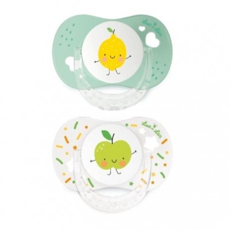 Luc et Léa 2 Sucettes Physiologiques Silicone Avec Anneau 0-6 mois "Citron et Pomme" 3518646354250