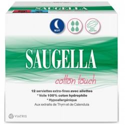 Saugella Cotton Touch Nuit 12 Serviettes Extra-Fines Avec Ailettes 3700343901367