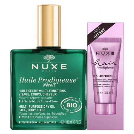 Nuxe Huile Prodigieuse Néroli 100 ml + Hair Prodigieux Le Shampoing Brillance Miroir 30 ml Offert 3264680039355