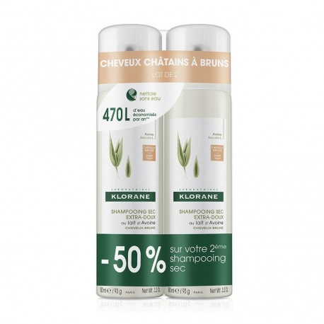 Klorane Shampoing Sec Extra-Doux à l'Avoine et Céramide Cheveux Bruns 2 x 150 ml 3282770391848