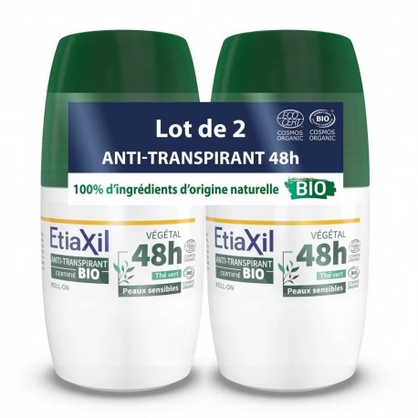 Etiaxil Bio Déodorant Anti-Transpirant Végétal 48h Thé Vert Peaux Sensibles Roll-On 2 x 50 ml 3614810002986