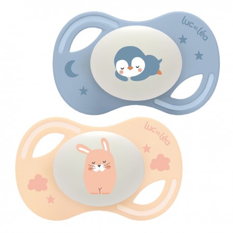 Luc et Léa Collection Duo Extra-Thin Anatomical Night Soothers 0-6 Months - Rabbit and Penguin 3518646352577