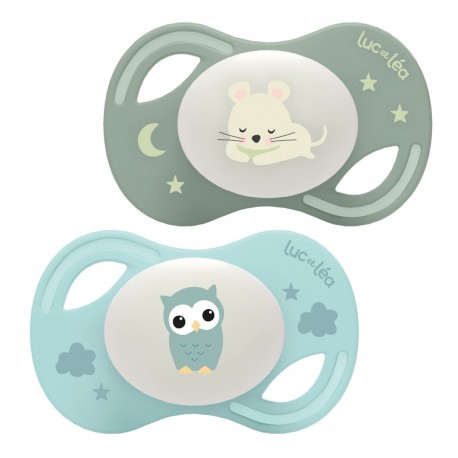 Luc et Léa Collection Duo Extra-Thin Anatomical Night Soothers 6-18 Months - Mouse and Owl 3518646352584