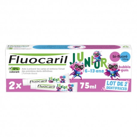 Fluocaril Junior Bi-Fluoride Gel Toothpaste Bubble Gum 145mg 6–13 Years 2 x 75 ml 8710604763288
